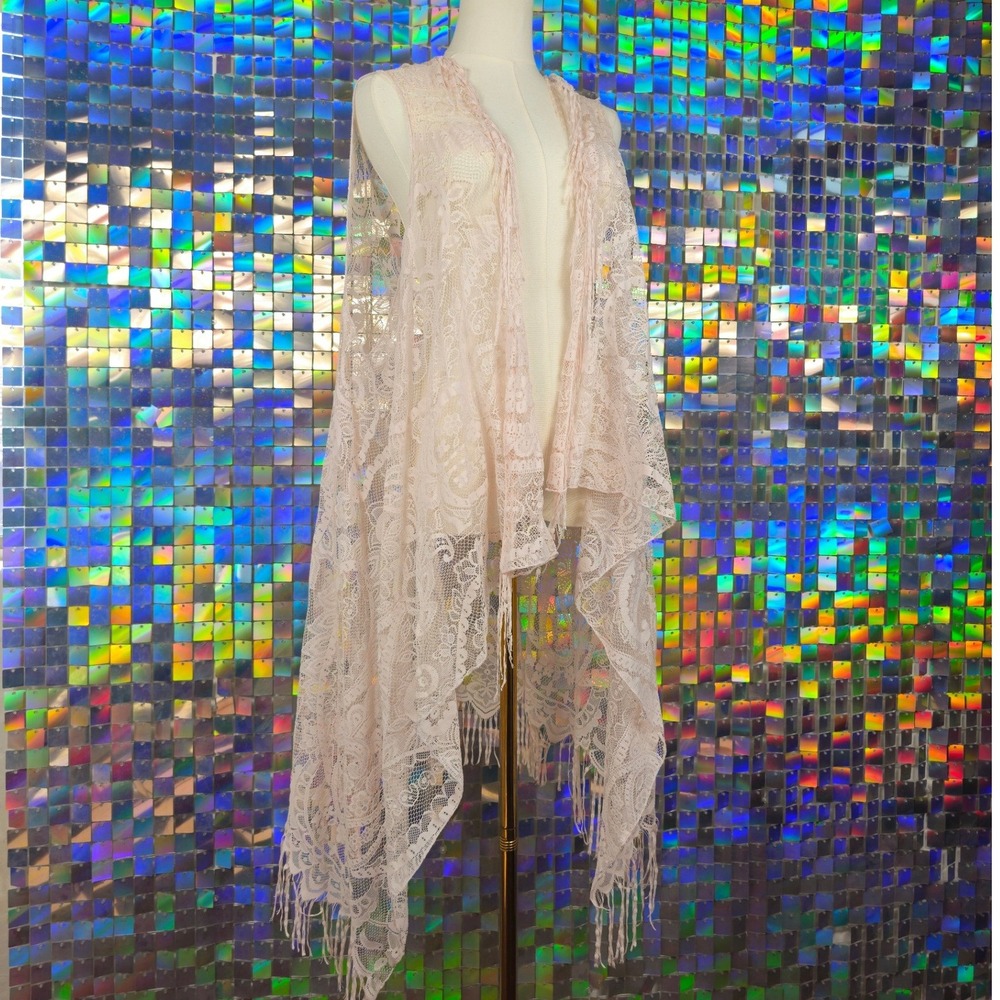 Fairycore Lace Fringe Vest Womens One Size Pink Excellent Boho Layering Kimono